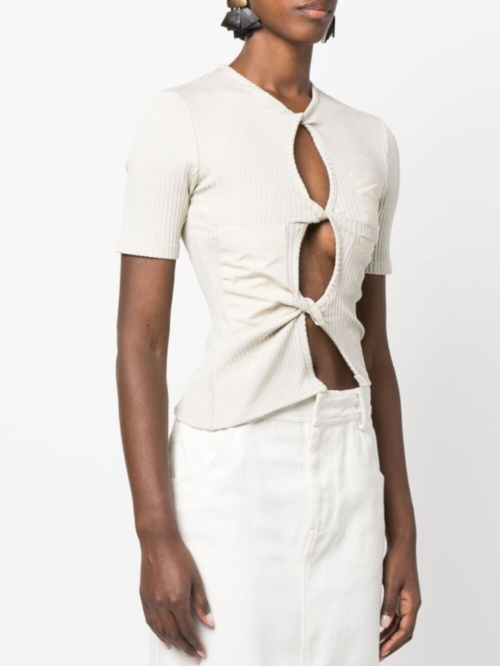 Christopher Esber Cream Cut-Out Ribbed Top shirt grey sand color Trendy unique